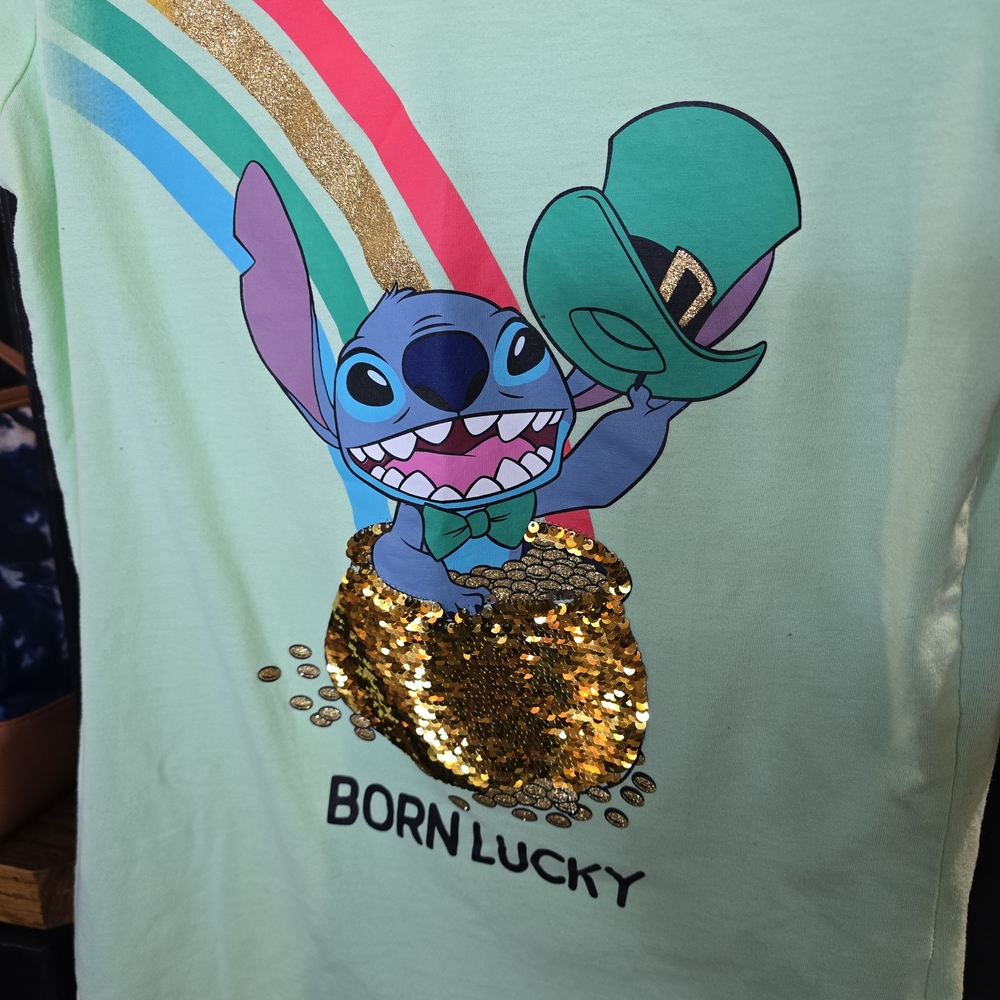 Disney Kids XL Green T-Shirt with Stitch and Rainbow St. Patrick's Day Attire. - Picture 2 of 5